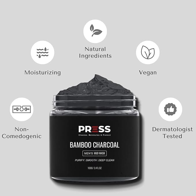 PRESS SKINCARE Bamboo Charcoal Face Mask| Mud Masks for Face | Face Masks Skincare for Men | Exfoliator, Pore Cleansing & Anti Aging Hydrating Face Masks Skin care |3.4 FL. OZ