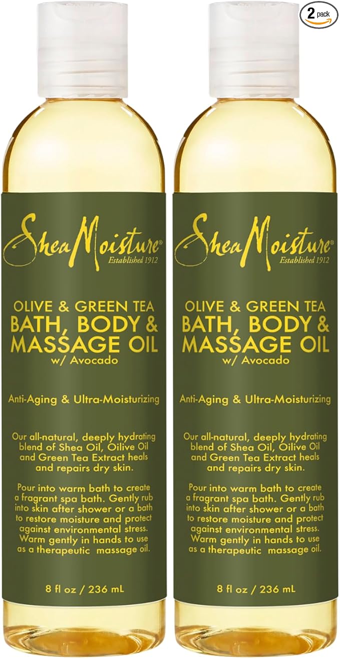 SheaMoisture Olive & Green Tea Bath, Body & Massage Oil 2-Pack – Avocado Oil, Anti-Aging & Ultra-Moisturizing for Dry Skin, 8 Oz Ea