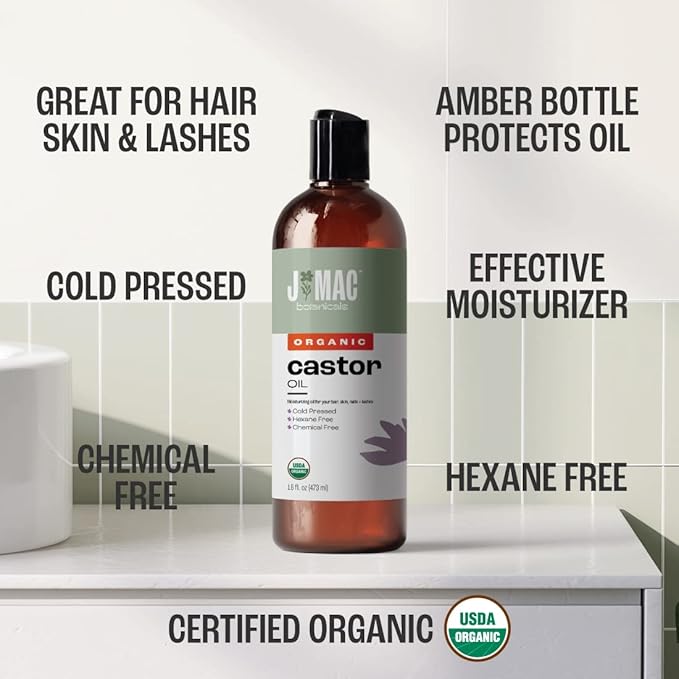 Organic Castor Oil, Cold Pressed (16 oz) BPA Free, Castor hexane free, for face, skin, eyelashes, Certified USDA Organic