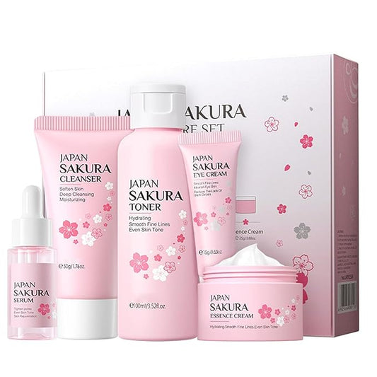 SAKURA Skin Care Set, Skin Care Sets & Kits Women Girls Gift Set with Cleanser, Face Serum, Face Cream, Toner, Eye Cream, Travel Size Skincare Set for Women Teen Girls Birthday Christmas Gift (SAKURA)