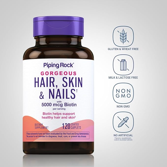 Piping Rock Hair Skin and Nails Vitamins | 120 Caplet Pills | with Collagen | 5000 mcg of Biotin | Non-GMO, Gluten Free Supplement