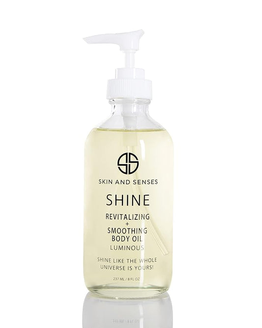 Shine Revitalizing & Smoothing Body Oil Luminous –100% Natural, plant-based ingredients Loaded with a blend of Healing Oils and Vitamin E, that deeply soothe, and moisturizes the skin.