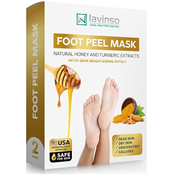 Lavinso Honey Feet Peeling Mask for Dry Cracked Feet - 2 Pack - with Kojic Acid Skin Brightening Effect - Exfoliating Dead Skin and Calluses - Foot Peel Mask for Baby Soft Feet