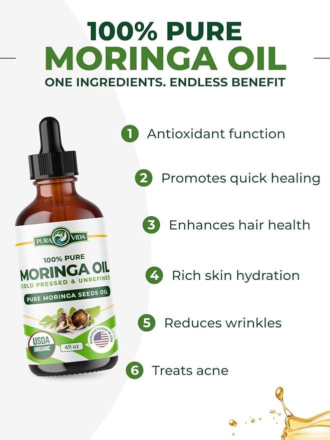 100% Pure Moringa Oil Organic for Face, Hair, Nails and Dry Skin - USDA Certified Single Origin Moringa Oleifera Seeds Extract - 3rd Party Tested, Cold Pressed & Unrefined Organic Moringa Seed Oil