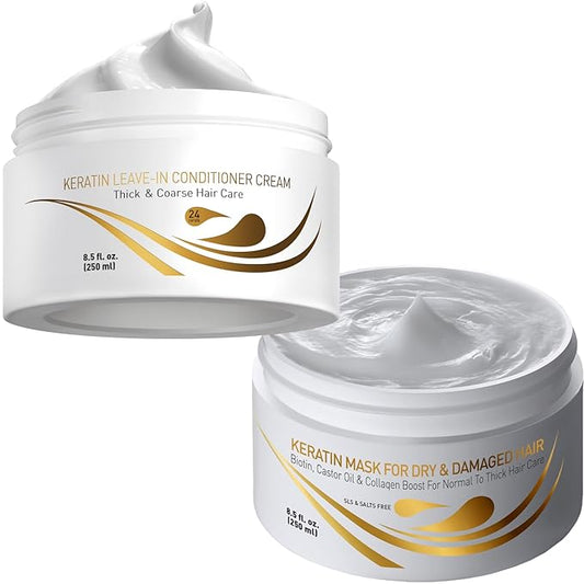 Vitamins Keratin Leave-In Conditioner and Hair Mask Kit - No Rinse Moisturizing Cream and Repair Treatment for Dry, Damaged, Curly, Wavy, Straight, Thick & Coarse Hair - Pro Salon Hair Care