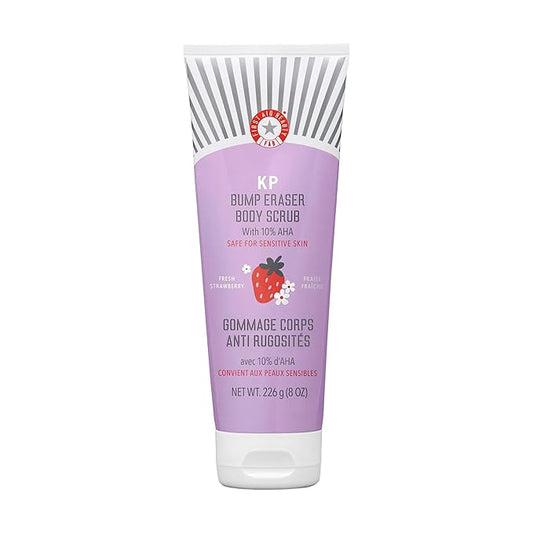 First Aid Beauty - KP Bump Eraser Body Scrub with 10% AHA, Keratosis Pilaris Exfoliator with Glycolic and Lactic acids, Helps Reduce Chicken Skin Bumps, Safe for Sensitive Skin, Strawberry Scent, 8 oz