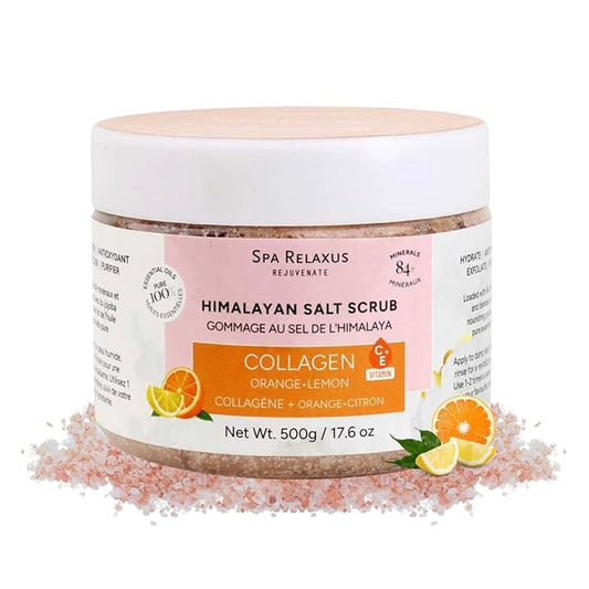 Spa Relaxus Himalayan Salt Scrub with Collagen 17.6 oz Jar, Rejuvenating Hydrating Salt Scrub with 84+ Minerals, Vitamin E, Jojoba Oil and Essential Oils (17.6 oz, Orange Lemon)