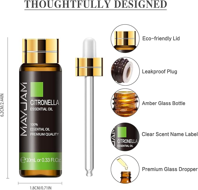 Citronella Essential Oil, MAYJAM 10ML/0.33FL.OZ Premium Citronella Oils for Soap Candle Making, Diffuser, Bedroom, Living Room, Office