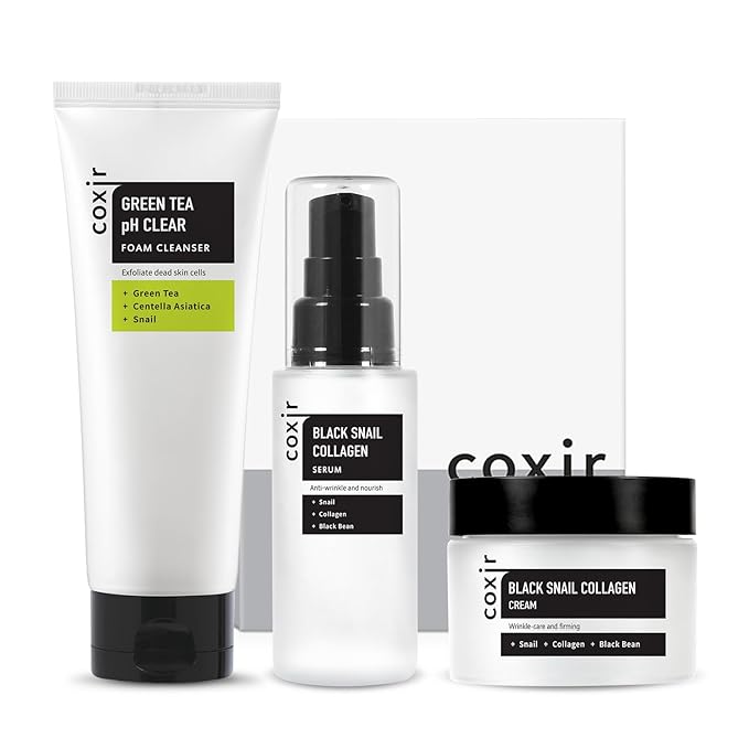 coxir BLACK SNAIL GIFT SET | Birthday Gifts | Foam Cleanser+Serum+Cream | Black Rice, Snail Mucin, Collagen, Peptide | Firming, Moisturizing, Repairing, Korean Skin Care