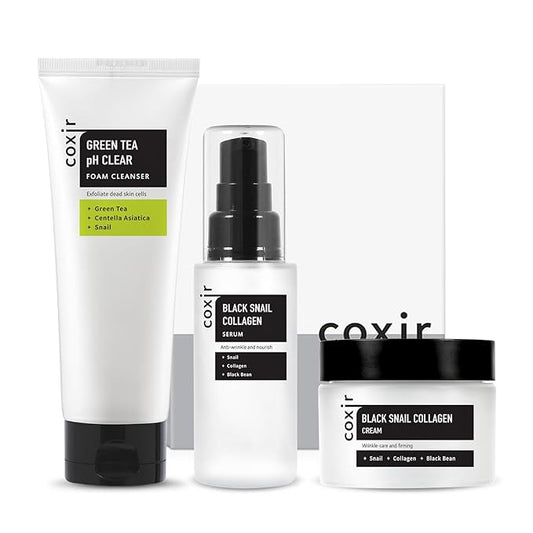 coxir BLACK SNAIL GIFT SET | Birthday Gifts | Foam Cleanser+Serum+Cream | Black Rice, Snail Mucin, Collagen, Peptide | Firming, Moisturizing, Repairing, Korean Skin Care