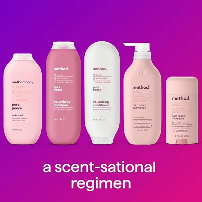 Method Body Lotion, Pure Peace, Rose Water, Peonies + Pink Sea Salt notes, 24 Hours of Moisture, 14 oz