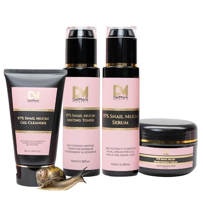Snail Mucin Skincare Bundle – Complete 4-Step Routine with Snail Mucin Serum, Toner, Gel Cleanser, and Moisturizing Cream for Hydrated, Glowing, and Youthful Skin