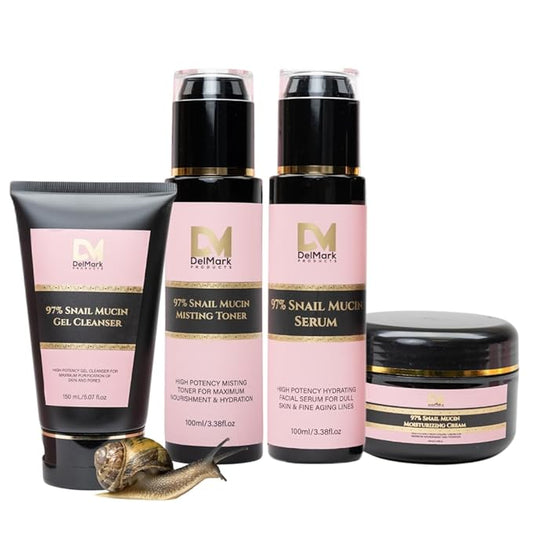 Snail Mucin Skincare Bundle – Complete 4-Step Routine with Snail Mucin Serum, Toner, Gel Cleanser, and Moisturizing Cream for Hydrated, Glowing, and Youthful Skin