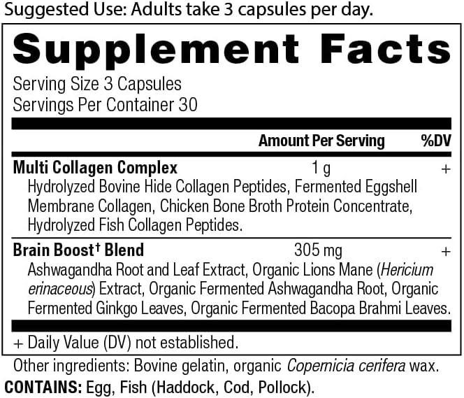 Ancient Nutrition Collagen Protein Brain Boost, Collagen Protein Capsules Brain Supplement for Reduced Joint Discomfort, Healthy Skin and Nails, 90 ct