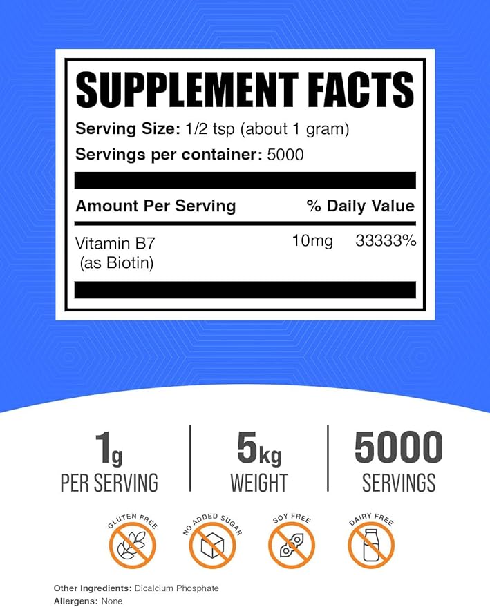 BulkSupplements.com Biotin 10000mcg Powder - Vitamins for Hair, Skin and Nails - as Vitamin B7, Gluten Free, 1000mg per Serving (10mg Biotin), 5kg (11 lbs) (Pack of 5)