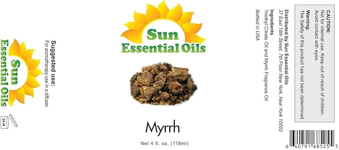 Sun Essential Oils - 4 oz Myhrr Essential Oil for Diffuser, Skin, Face, Hair & Aromatherapy Massage, Fragrance for Candle, Soap, Lotion & Shampoo Making at Home