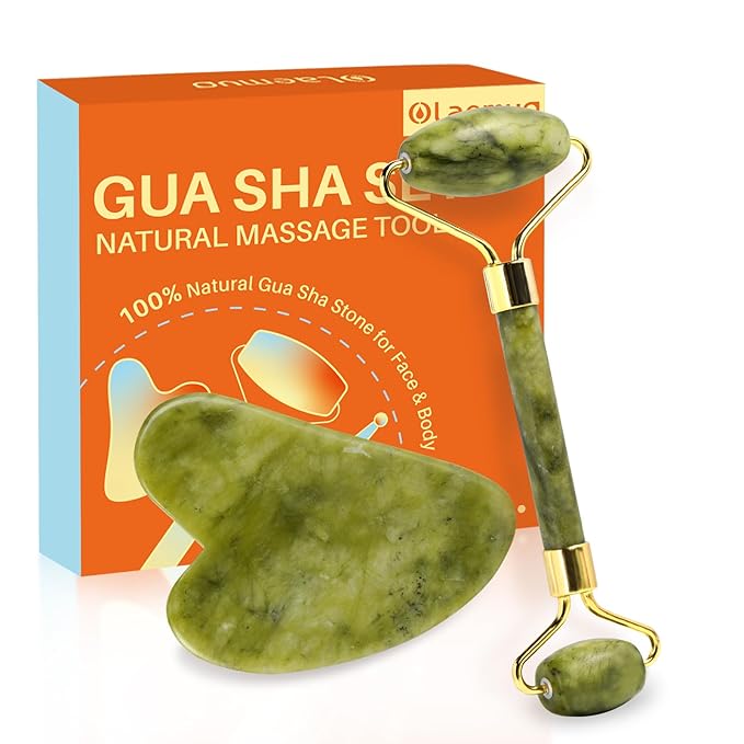 Jade Gua Sha and Face Roller, Real Jade Gua-Sha Stone Facial Tools Set for Reduce Puffiness, Body Guasha Tool for Relieve Neck Tension, Skincare Beauty Massager as Present for Women, Green