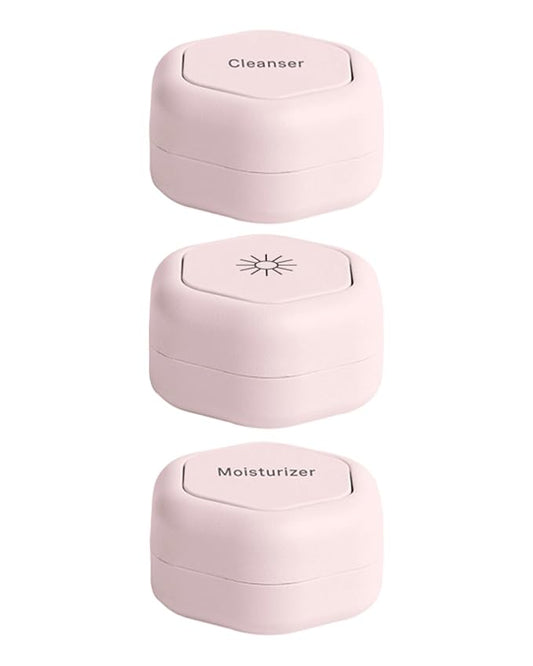 Cadence Travel Containers - Basic Skincare Set - Magnetic Travel Capsules - For Facial Cleanser, Moisturizer, Sunscreen - 3 Small Capsules (0.56oz) with Cleanser, Moisturizer & Sun-Icon Labels - Petal