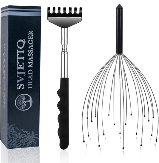 Head Massager Back Scratcher, 20 Fingers Head Scratcher Scalp Massager & Extendable Back Scratcher for Men Women, Stocking Stuffers for Deep Relaxation, Stress Relief & Hair Stimulation