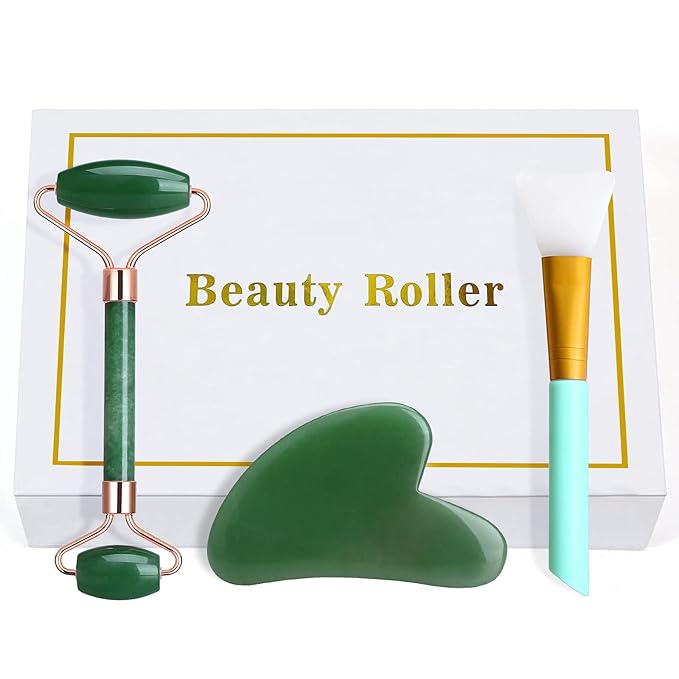 Jade Roller and Gua Sha Set, Facial Skin Care Roller is to Reduce Puffiness and Fine Lines, Massage Tools for Face, Eyes, Neck, Body Muscle Relaxing, with Mask Brush(Green)