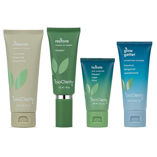 BioClarity 3-Step Essentials Skin Care Routine with Hydrating Mask for Normal and Oily Skin Types | Cleanse, Restore, Moisturize, Hydrate | 100% Clean Vegan Ingredients | Mini Size