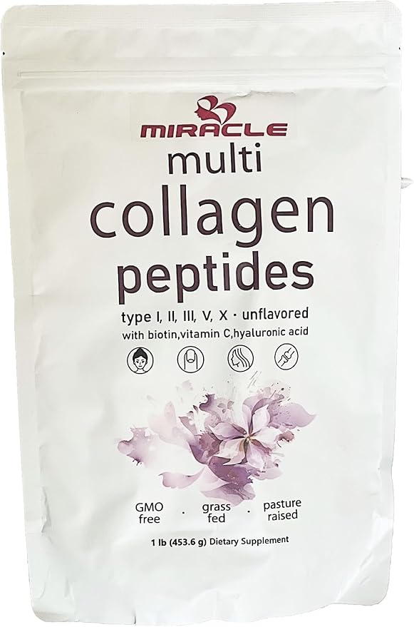 Miracle Multi Collagen Protein Powder, 1 Pound – Types I, II, III, V, X with Biotin, Hyaluronic Acid, Vitamin C – Unflavored Collagen Peptides – Keto & Paleo