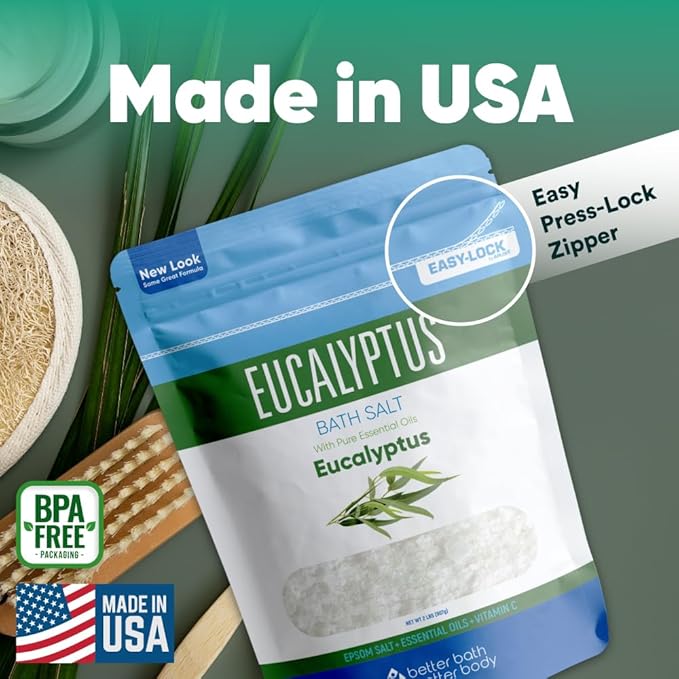Eucalyptus Bath Salt 32 Ounces Epsom Salt with Natural Eucalyptus Essential Oil Plus Vitamin C in BPA Free Pouch with Easy Press-Lock Seal