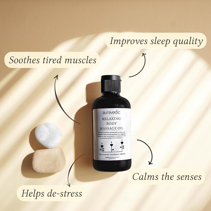 Relaxing Body Massage Oil | Infused with Lavender, Peppermint & Eucalyptus Oil | Soothes Sore Muscles & Nourishes Skin | Lightweight, Non-Sticky & Fast-Absorbing | 6.76 Fl Oz (200ml)