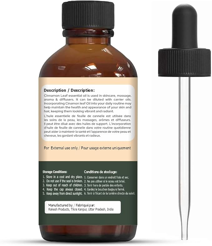 Cinnamon Leaf (Cinnamomum verum) Oil | Pure & Natural Essential Oil for Skincare, Massage, Aroma & Diffuser - 30ml/1.01fl oz