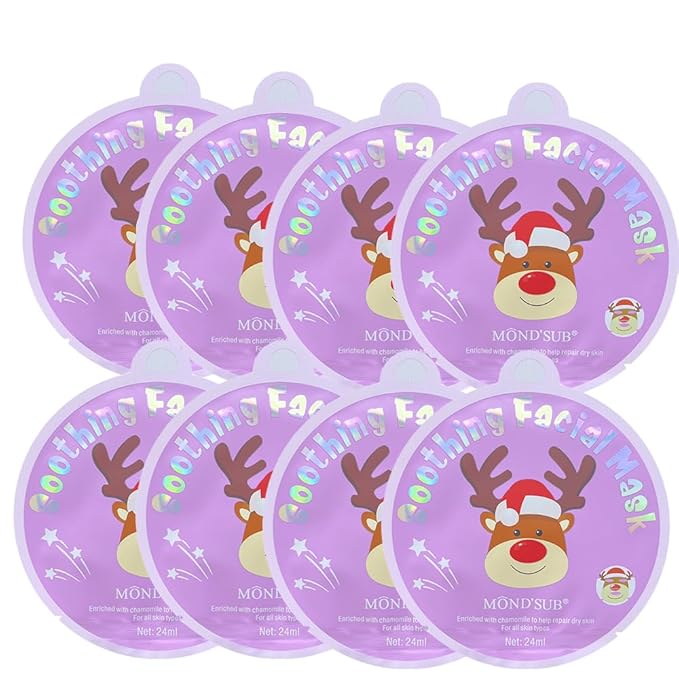 MOND'SUB Christmas Stocking Stuffer Facial Masks 8-Pack - Elk mask,Hydrating, Smoothing, and Refreshing Skin-Sheet Masks - Skincare for Moisturizing and Soothing Beauty