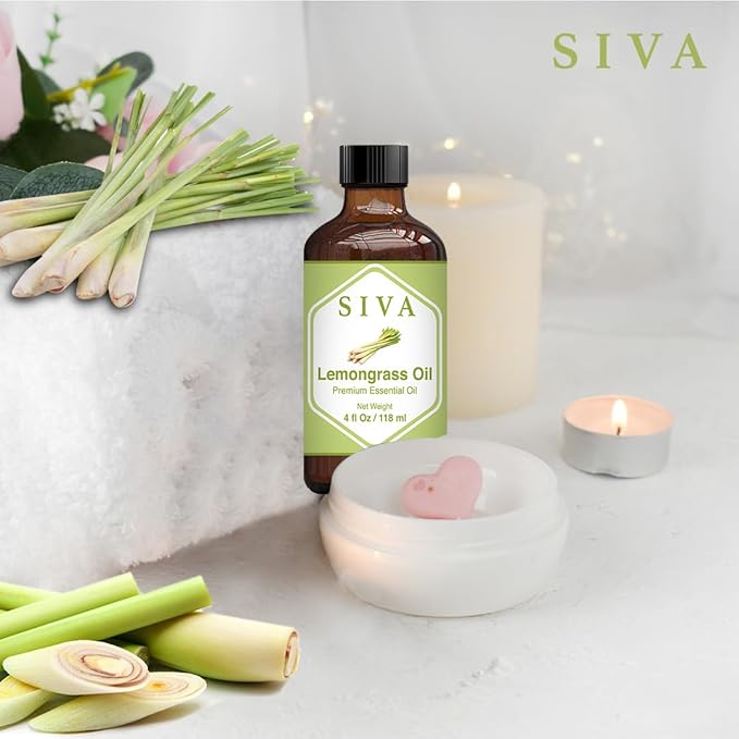 SIVA Lemongrass Essential Oil - 4 Fl Oz – Natural Lemongrass Oil - for Diffuser, Face, Skin Care, Aromatherapy, Hair Care, Scalp and Body Massage - with Dropper