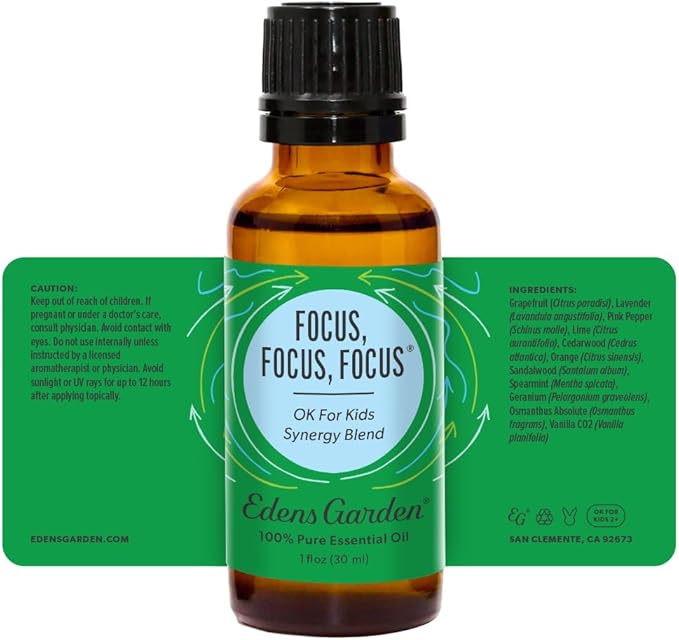 Edens Garden Focus, Focus, Focus Essential Oil Blend- 100% Pure Premium Grade, Undiluted, Natural, Therapeutic, Aromatherapy, The Best for Kid Safe, Humidifiers, Skin 30 ml (1 fl oz)
