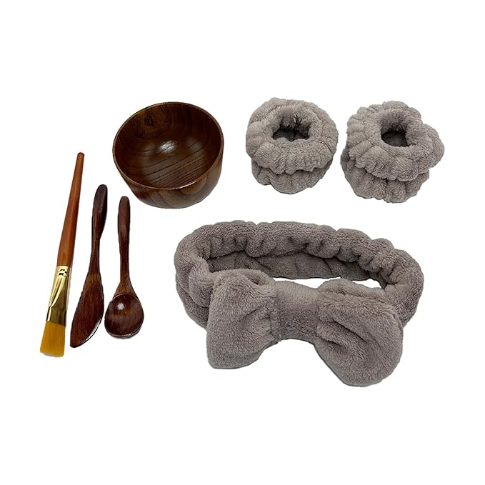 Skincare Face Mask Mixing Bowl Set,Makeup Skin Care Products for Clay Mask,Home DIY Beauty & Personal Care Tools Kit Wood Bowl,Spatula,Spoon,Brush,Facial Headband,Wrist Washband