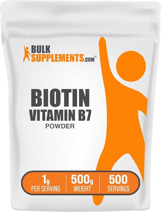 BulkSupplements.com Biotin 10000mcg Powder - Biotin Powder, Biotin Supplement, Biotin Vitamins for Hair Skin and Nails - Gluten Free, 1000mg per Serving (10mg Biotin), 500g (1.1 lbs)
