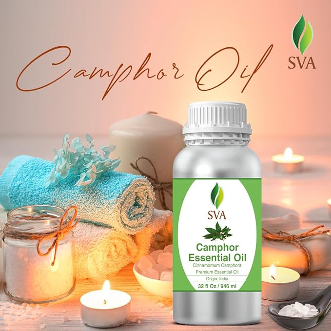 SVA Camphor Essential Oil – 32 Fl Oz – 100% Natural Camphor Oil - for Diffuser, Hair Care, Face, Skin Care, Aromatherapy, Scalp and Body Massage, Soap and Candle Making