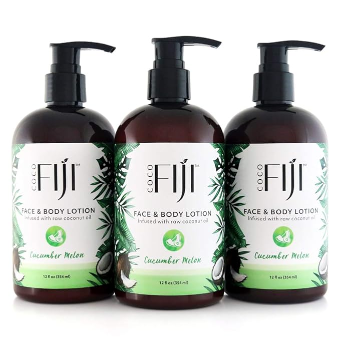 Coco Fiji Face & Body Lotion Infused With Coconut Oil | Lotion for Dry Skin | Moisturizer Face Cream & Massage Lotion for Women & Men | Cucumber Melon 12 oz, Pack of 3
