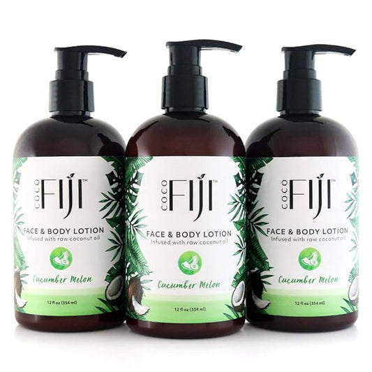Coco Fiji Face & Body Lotion Infused With Coconut Oil | Lotion for Dry Skin | Moisturizer Face Cream & Massage Lotion for Women & Men | Cucumber Melon 12 oz, Pack of 3