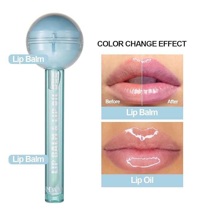 Lip Gloss and Lip Balm Combo, Magic pH Color Changing Lipstick & Vitamin E Clear Lip Oil Combo, Hydrating Plumping Lip Care Product for Girls(Blue)