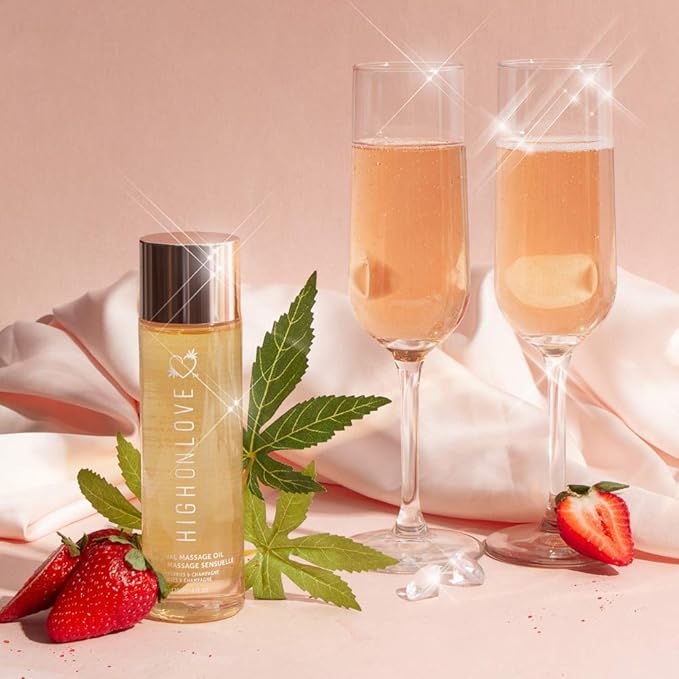 HIGHONLOVE Natural Body Oil with Hemp Seed, Grape Seed, & Vitamin E Oil - Moisturizing Body Glow with a Non-Greasy, Glowy Finish (120 ml) (Strawberries & Champagne)