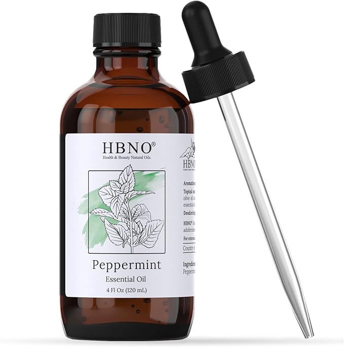 HBNO California Bottled Peppermint Essential Oil 4 fl oz (120ml) - Premium Grade Natural Peppermint Oil for Hair, Skin & Scalp Care - Ideal for Masage, Diffusers & Aromatherapy - with Glass Dropper