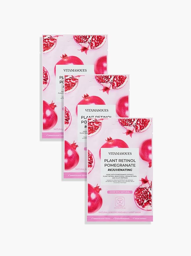 Vitamasques Retinol Pomegranate Face Sheet Mask 7 Pack - Korean Skin Care Facial Mask Rejuvenate & Hydrating Skin Care - Natural & Biodegradable
