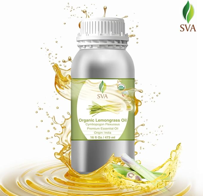 SVA Lemongrass Essential Oil Organic – 16 Fl Oz – 100% Natural Organic Lemongrass Oil for Hair, Face, Skin Care, Diffuser, Aromatherapy, Scalp, Body Massage, Soap and Candle Making