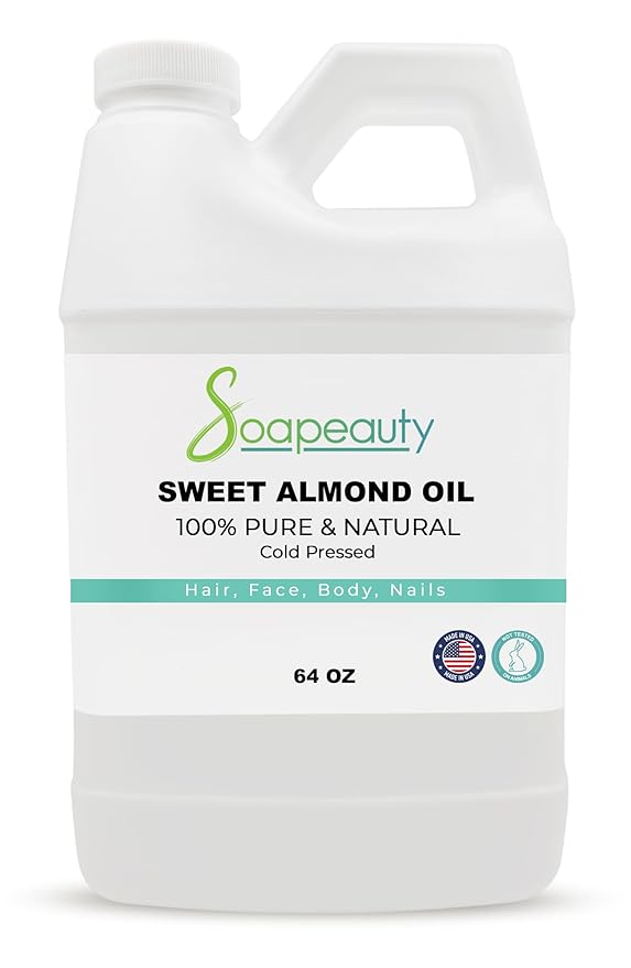 Soapeauty Sweet Almond Oil Cold Pressed Refined | 100% Pure Sweet Almond Oil Available in Bulk | Carrier for Essential Oils, Almond Oil for Skin, Face, and Hair, Soap Making | 64 fl oz