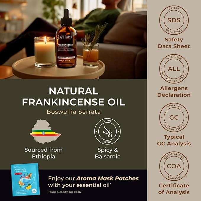 Gya Labs Frankincense Essential Oil - Huge 4 Fl Oz - 100% Pure Natural Frankincense Oil for Skin, Face, Body, Massages & Candle Making Scent - Premium Grade for Wellness & Comfort - Woody & Calming