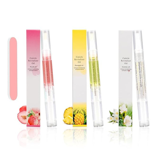 Meschett 3PCS Nail Cuticle Oil Pens with Nail File, Cuticle Oil for Nails from Natural, Nail Oil Cuticle for Cracked and Dry Nail(Pineapple & Peach & Jasmine Flavor)