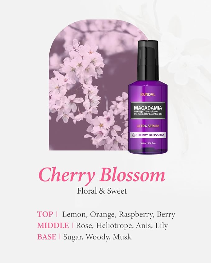 KUNDAL Intense Repair Quick Damaged Care Hair Serum [Cherry Blossom] - Premium Hair Essential Oil, Natural Ingredients, Deep Nourishment. 200ml (100ml x2ea) 6.76 fl. oz
