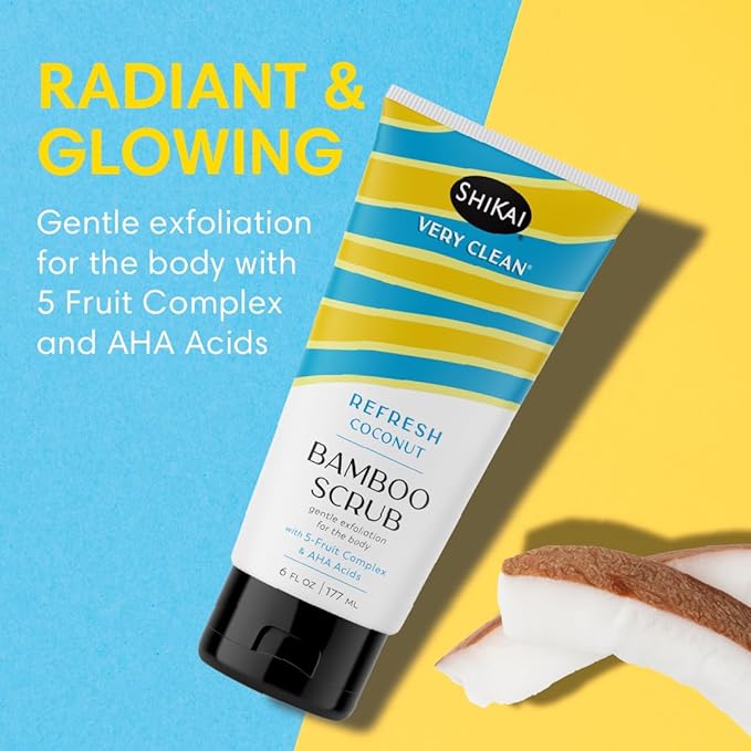 ShiKai Very Clean Bamboo Body Scrub (Refresh Coconut, 6 oz) | Gentle Hydrating & Exfoliating Skin Cleanser | With 5 Fruit Complex & AHA Acids