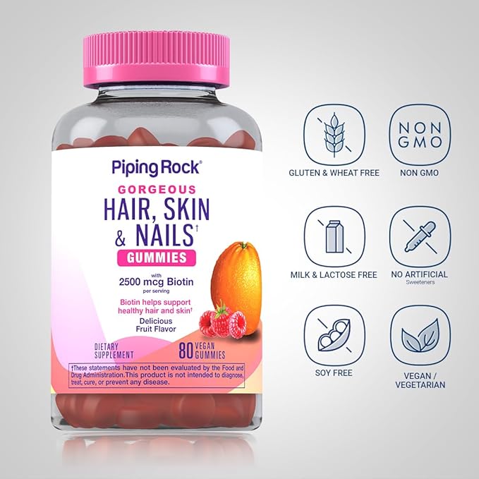 Piping Rock Hair Skin and Nails Vitamins | 80 Gummies | 2500 mcg of Biotin | Womens Multivitamin | with Vitamin C and E | Fruit Flavor | Non-GMO, Gluten Free Supplement