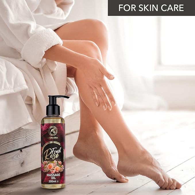 Massage Oil Rose 6.8 Fl Oz (200ml) - Body Oil with Rosewood - Jojoba - Almond - Grapeseed - Peach Kernel Oils & Rose Extract - Aromatherapy Massage Oil - Rose Oil - Good Sleep - Foot Care