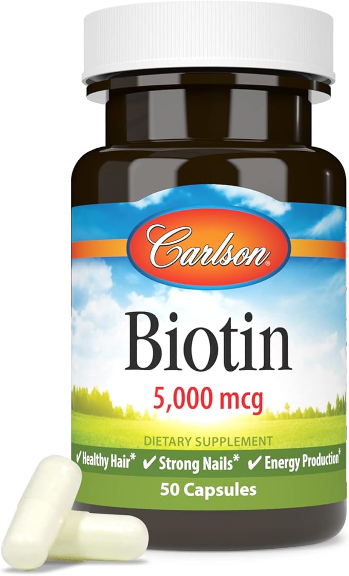 Carlson - Biotin, 5000 mcg, Healthy Hair, Strong Nails & Energy Production, 50 Capsules